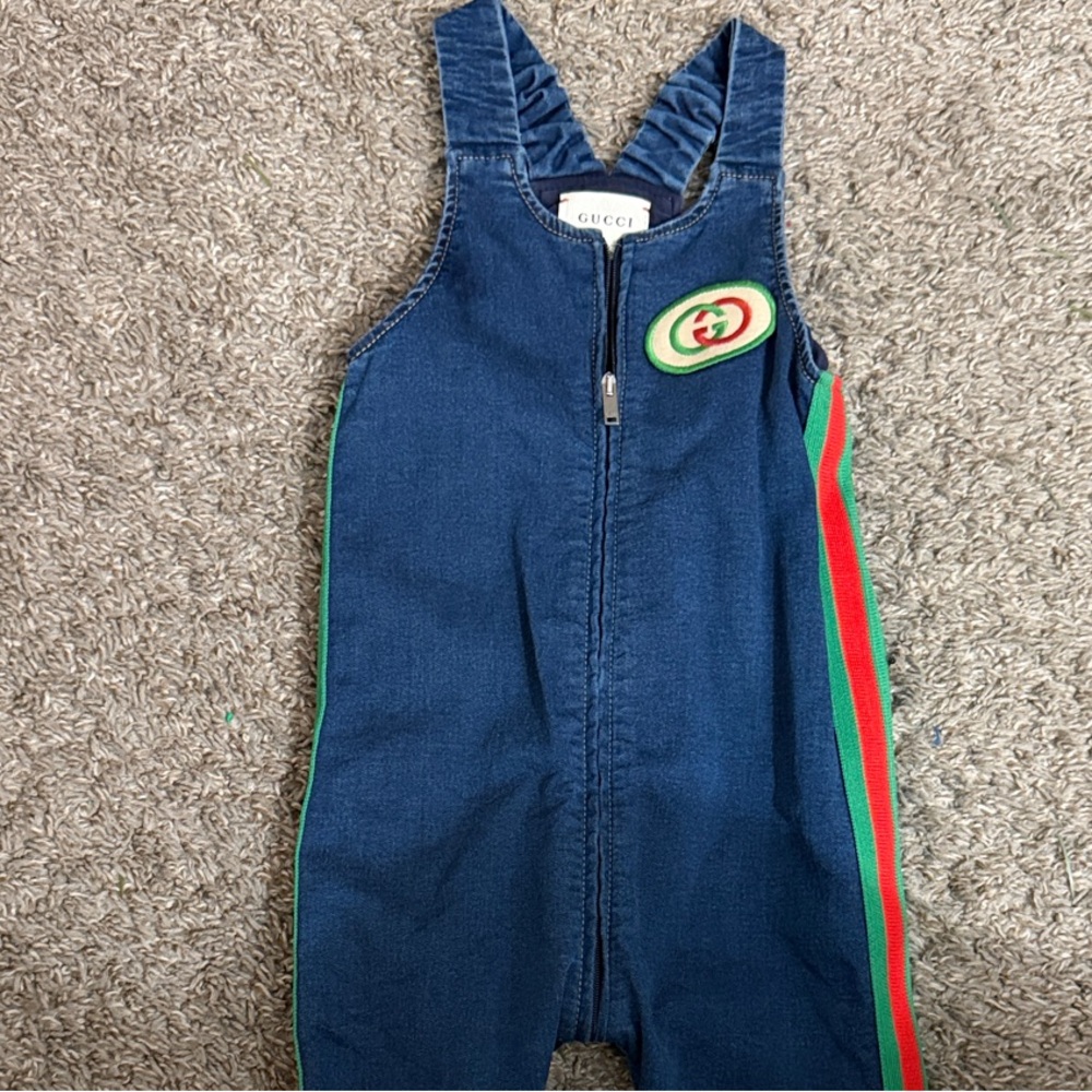 Gucci Kids Denim Overalls with Red and Green Stripes